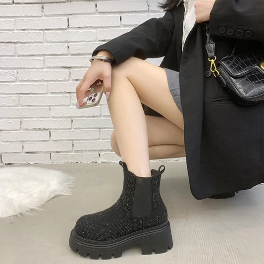 Chunky Chelsea Boots, Crystal Bling, Footwear Fashion, Stylish Shoes, Trendy Boots, Fashion Accessories, Statement Footwear, Urban Chic, Glamorous Style, Fashionable Footwear.
