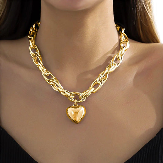 SHP Golden High Quality Punk Big Heart Pendant Necklace(24A0104)
