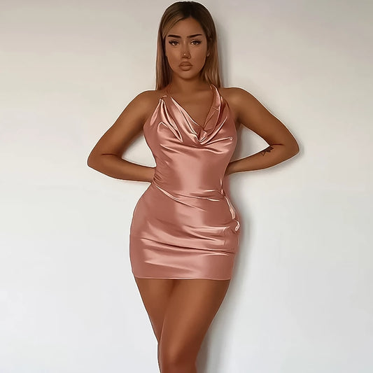 SHP Pink Satin  Backless Halter Nec Party Dress(24SD0105)