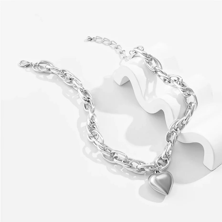 SHP Silver High Quality Punk Big Heart Pendant Necklace(24A0104)