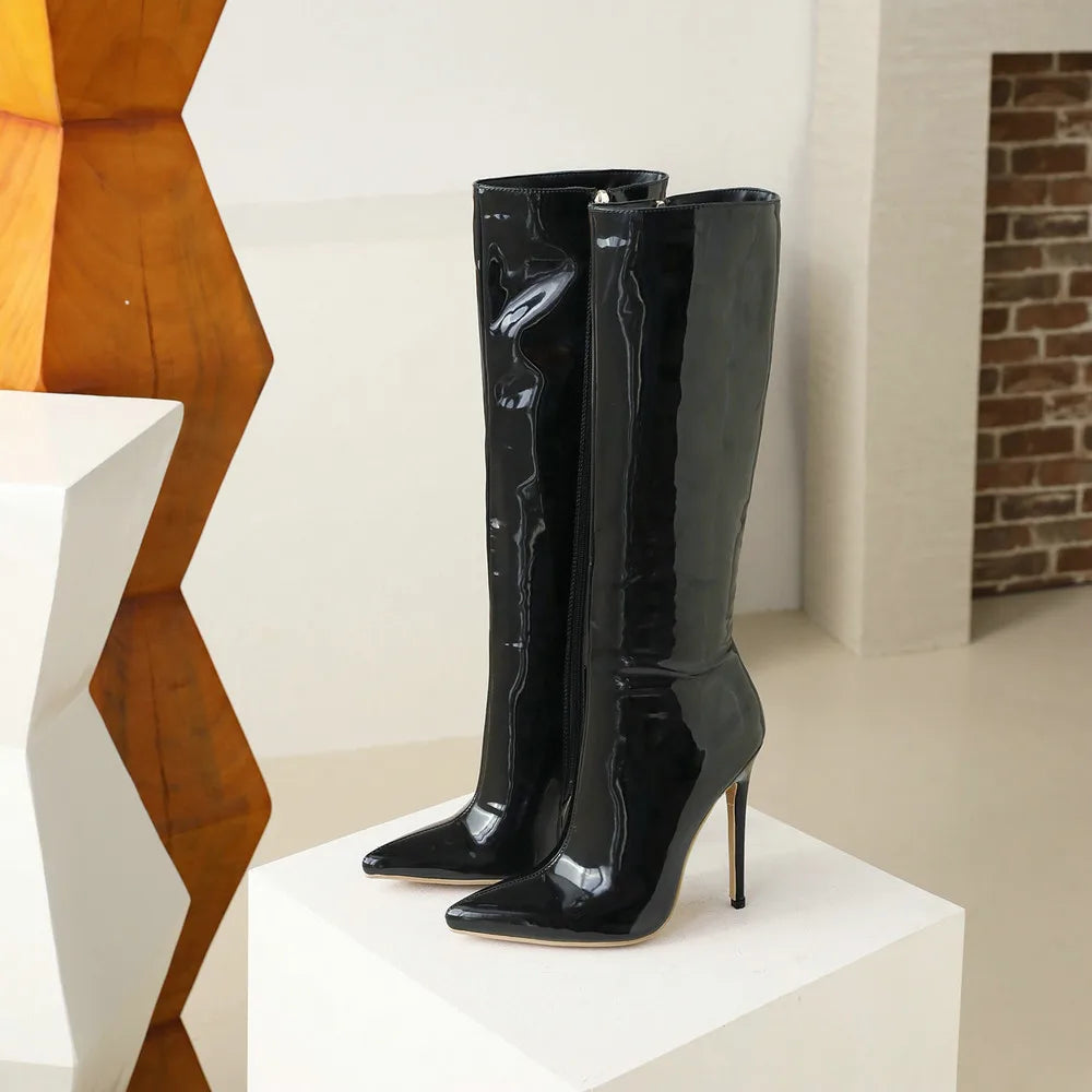 Sexy boots, Stiletto heels, Knee-high style, Party footwear, Nightlife fashion, Statement boots, Sophisticated design, Glamorous attire, Fashion forward, Show-stopping look,