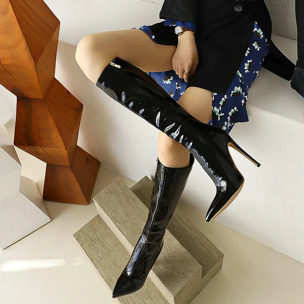 Sexy boots, Stiletto heels, Knee-high style, Party footwear, Nightlife fashion, Statement boots, Sophisticated design, Glamorous attire, Fashion forward, Show-stopping look,