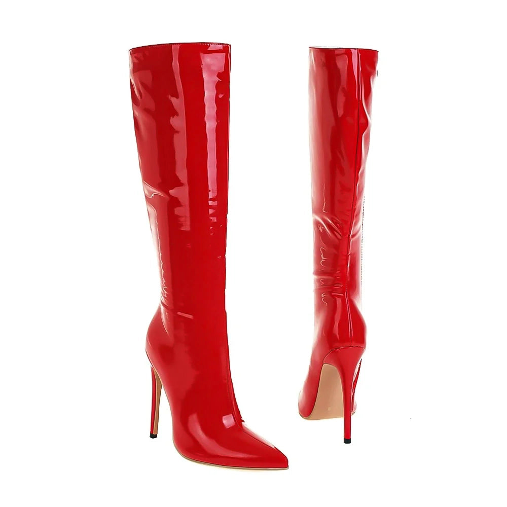 Sexy boots, Stiletto heels, Knee-high style, Party footwear, Nightlife fashion, Statement boots, Sophisticated design, Glamorous attire, Fashion forward, Show-stopping look,