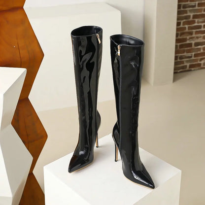 Sexy boots, Stiletto heels, Knee-high style, Party footwear, Nightlife fashion, Statement boots, Sophisticated design, Glamorous attire, Fashion forward, Show-stopping look,