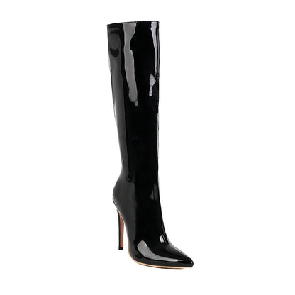 Sexy boots, Stiletto heels, Knee-high style, Party footwear, Nightlife fashion, Statement boots, Sophisticated design, Glamorous attire, Fashion forward, Show-stopping look,