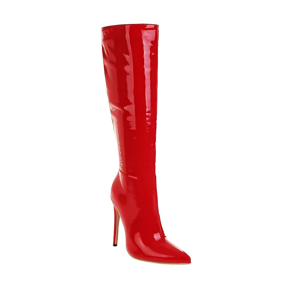 Sexy boots, Stiletto heels, Knee-high style, Party footwear, Nightlife fashion, Statement boots, Sophisticated design, Glamorous attire, Fashion forward, Show-stopping look,