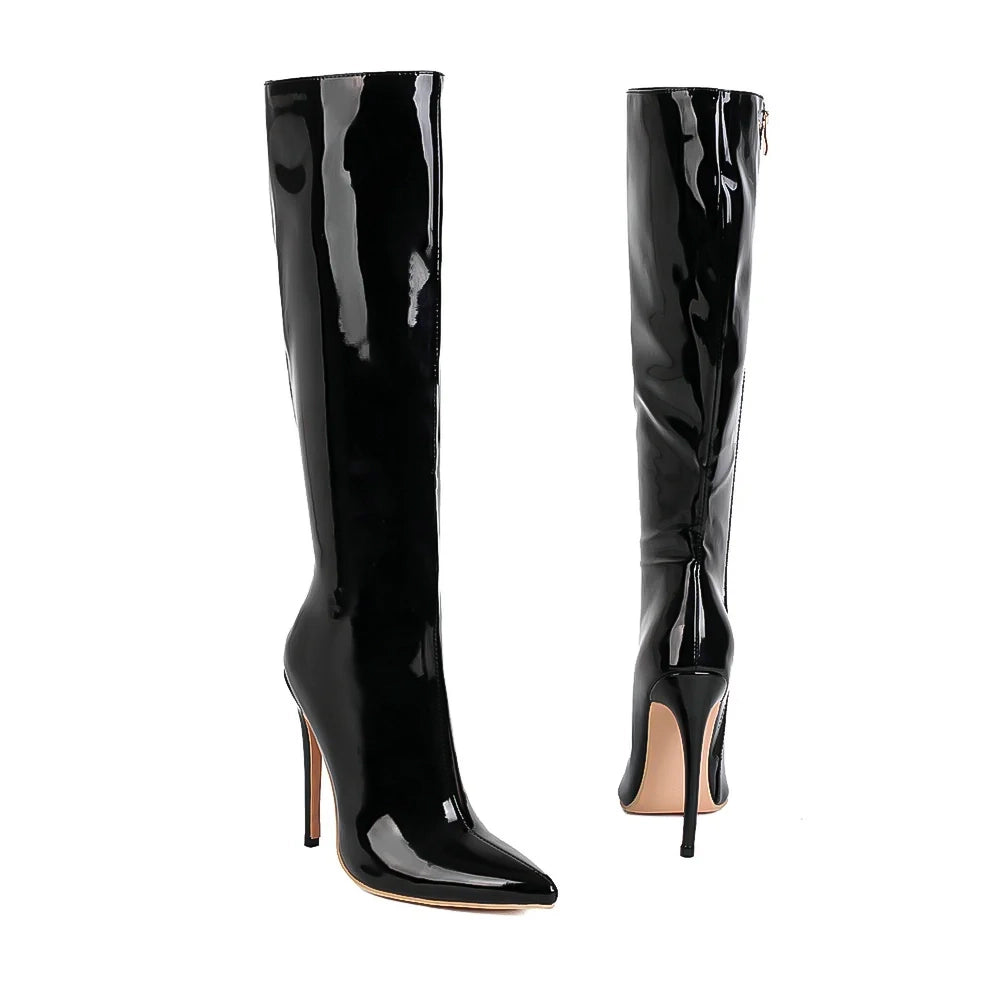 Sexy boots, Stiletto heels, Knee-high style, Party footwear, Nightlife fashion, Statement boots, Sophisticated design, Glamorous attire, Fashion forward, Show-stopping look,