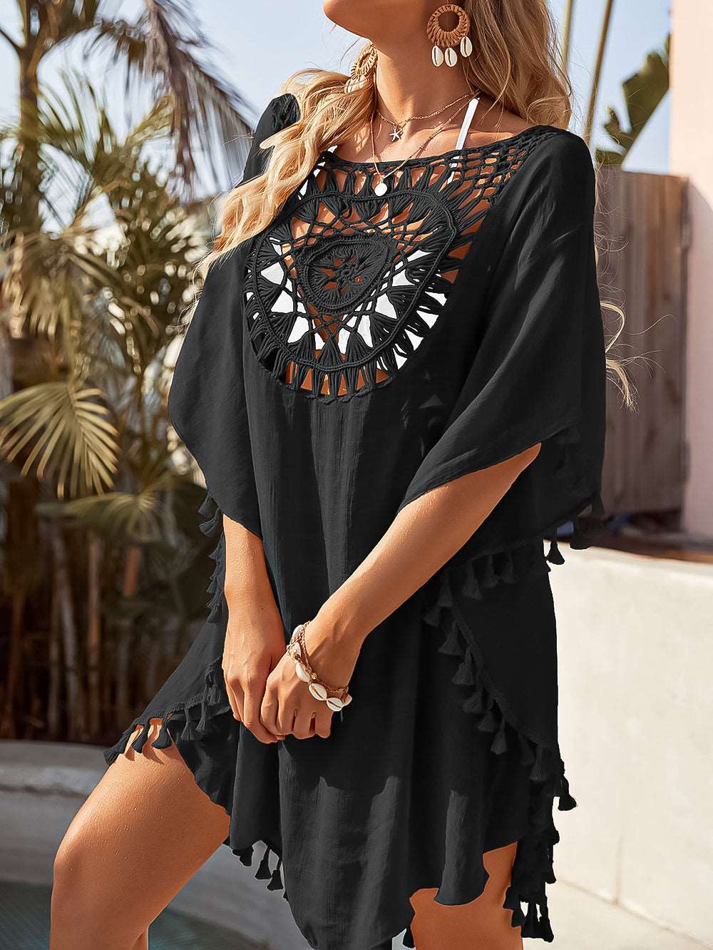 SHP Black Crochet Hollow Tassel Cover Up Beach Dress