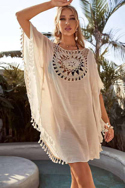 SHP Beige Crochet Hollow Tassel Cover Up Beach Dress