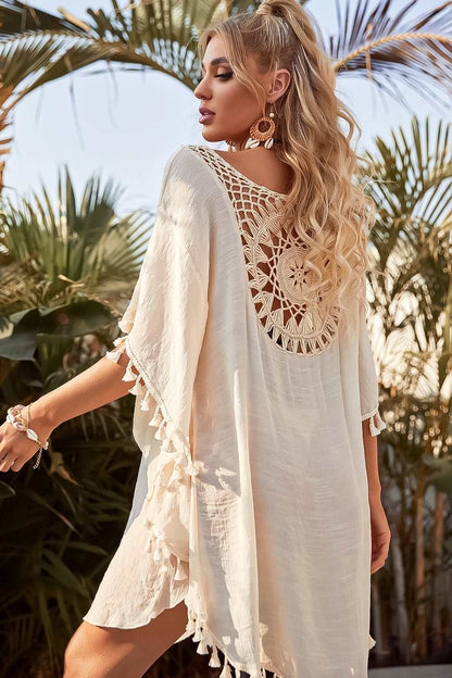 SHP Beige Crochet Hollow Tassel Cover Up Beach Dress