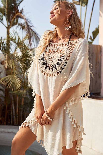 Beige Crochet Hollow Tassel Cover Up Beach Dress