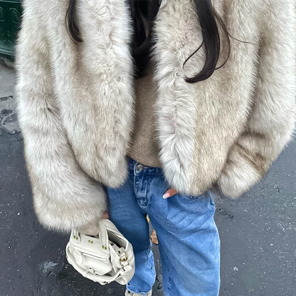 Faux fur jacket, V collar jacket, Iconic fashion, Street style, Trendy outerwear, Fashion statement, Urban chic, Faux fur trend, Contemporary fashion, Streetwear glamour,