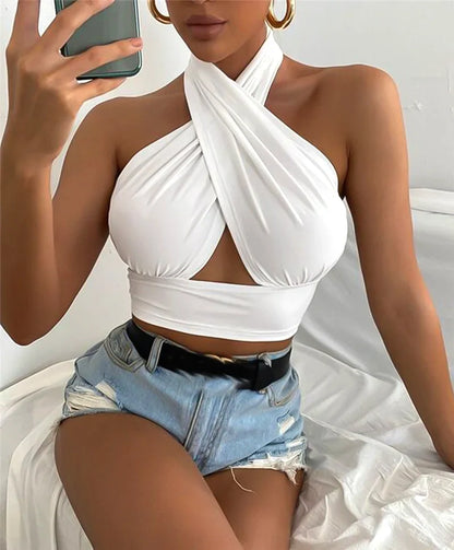  White Cross Halter Neck tops