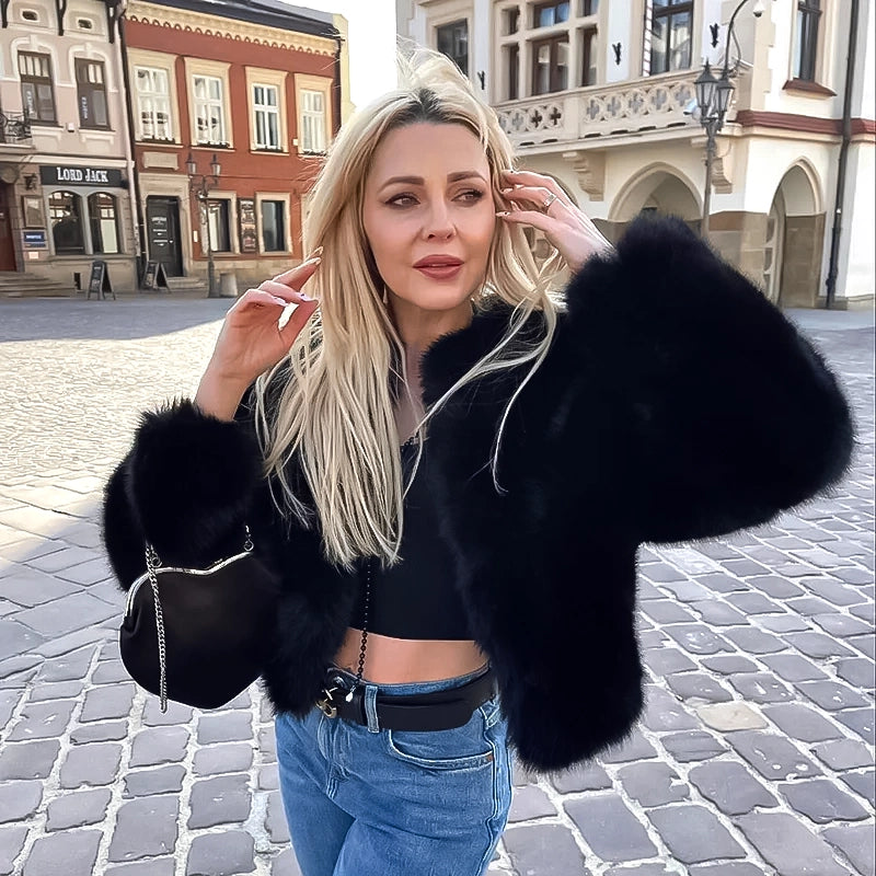 Faux fur jacket, V collar jacket, Iconic fashion, Street style, Trendy outerwear, Fashion statement, Urban chic, Faux fur trend, Contemporary fashion, Streetwear glamour,