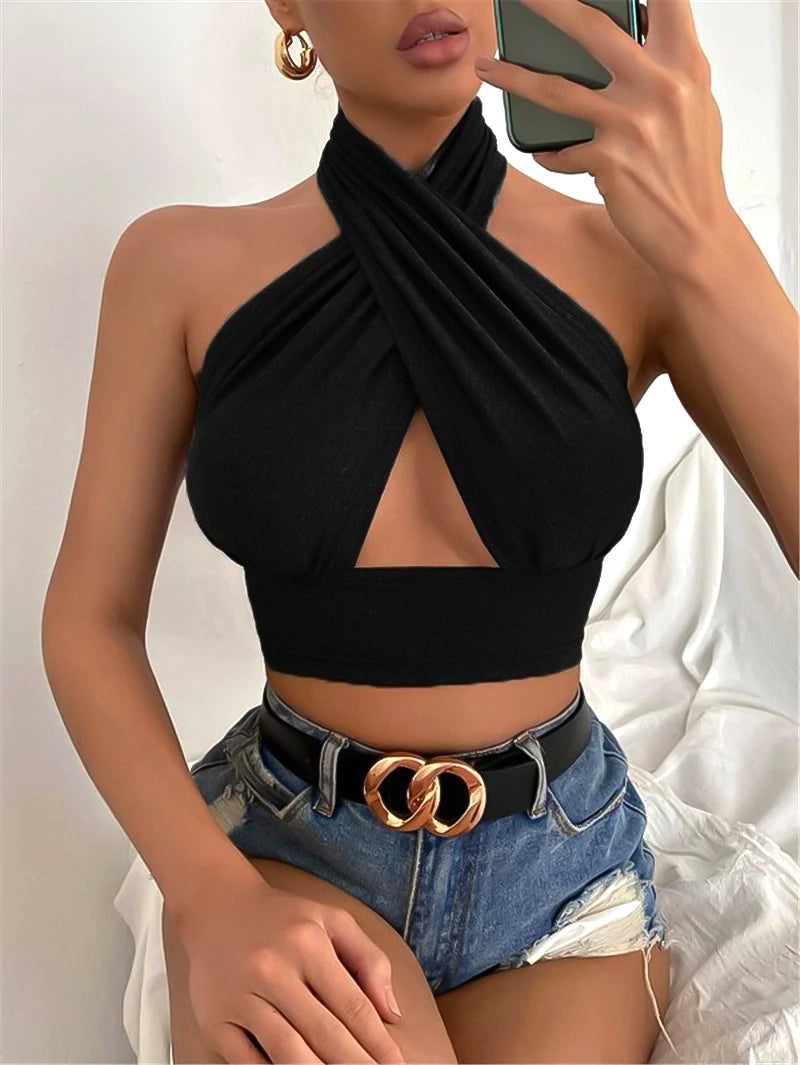 Black Cross Halter Neck tops