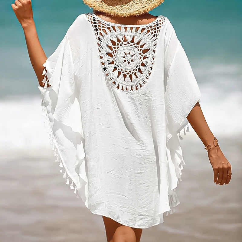 White Crochet Hollow Tassel Cover Up Beach Dress