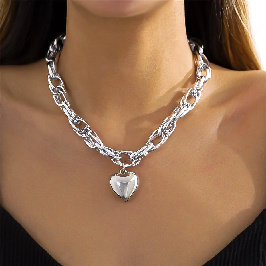 SHP Silver High Quality Punk Big Heart Pendant Necklace