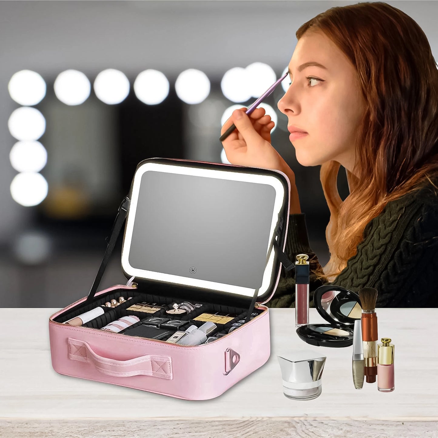  Travel Makeup Bag , Cosmetic Bag with LED Mirror for woman