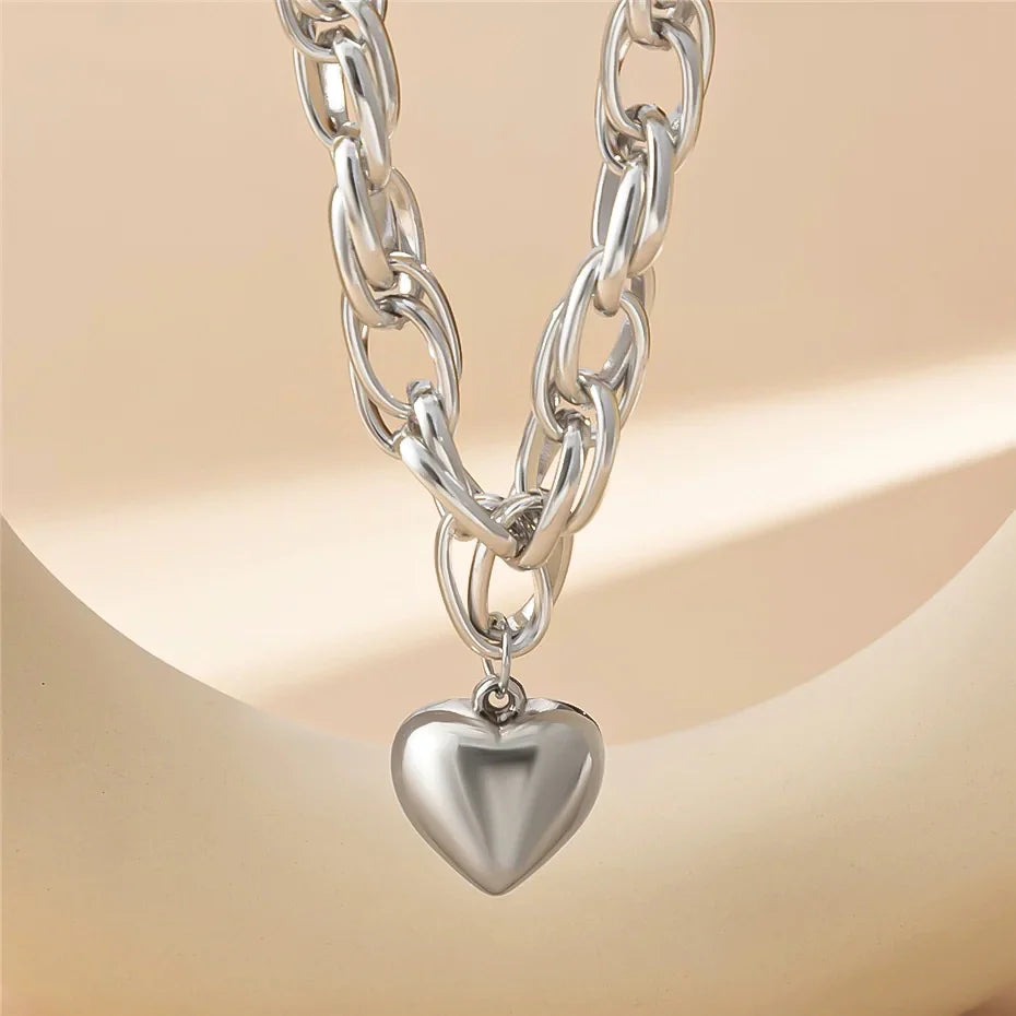 SHP Silver High Quality Punk Big Heart Pendant Necklace