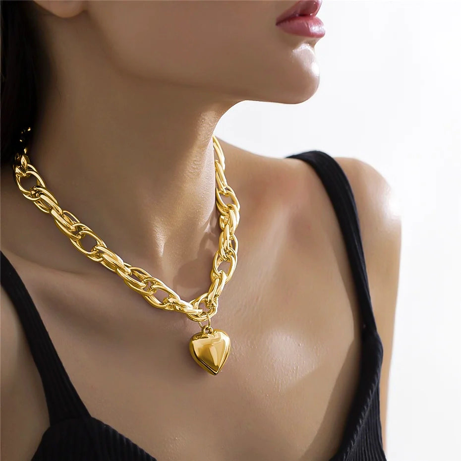 SHP Golden High Quality Punk Big Heart Pendant Necklace