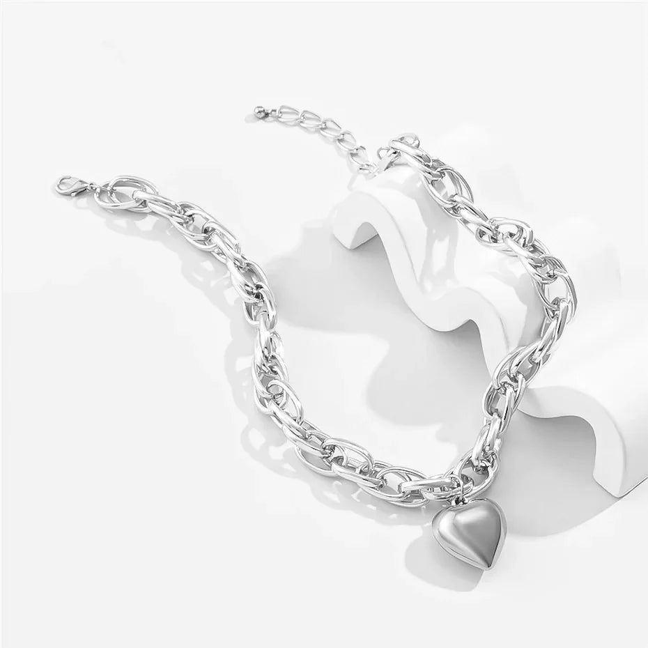 SHP Silver High Quality Punk Big Heart Pendant Necklace