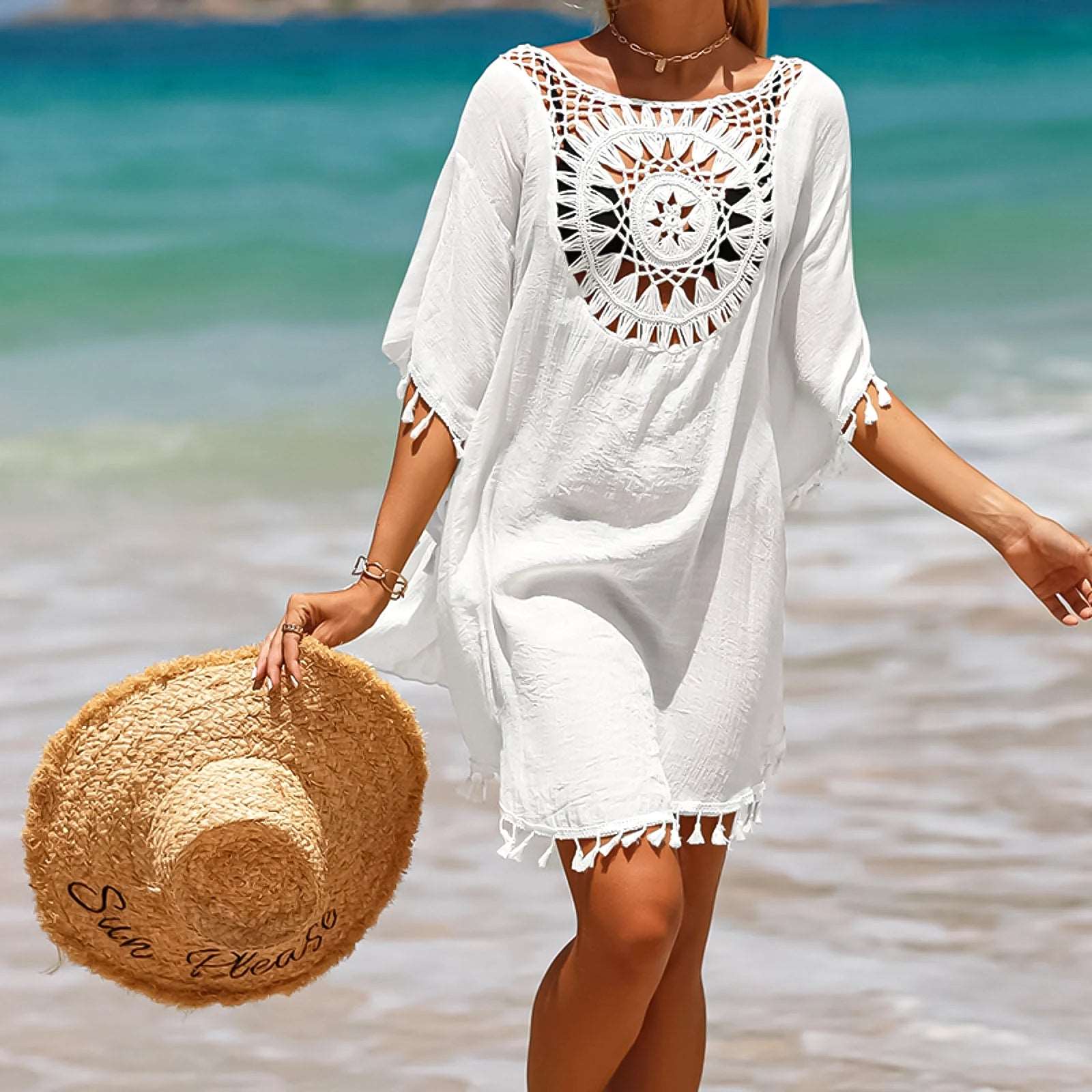 White Crochet Hollow Tassel Cover Up Beach Dress