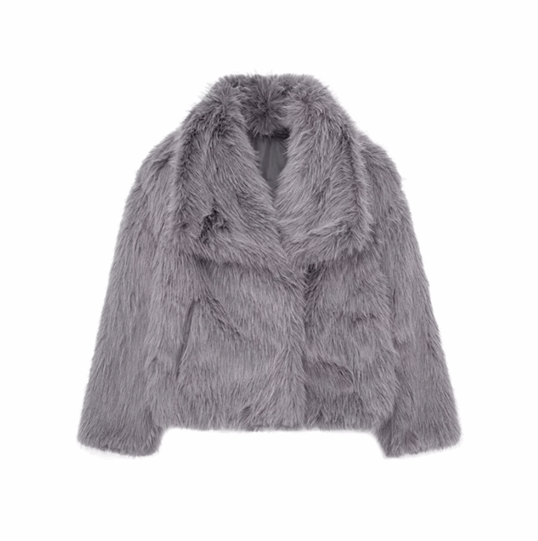  SHP Faux Fur Jacket , fashion coat , zara furry coat , Trend furry coat , woman furry coat for winter , Grey