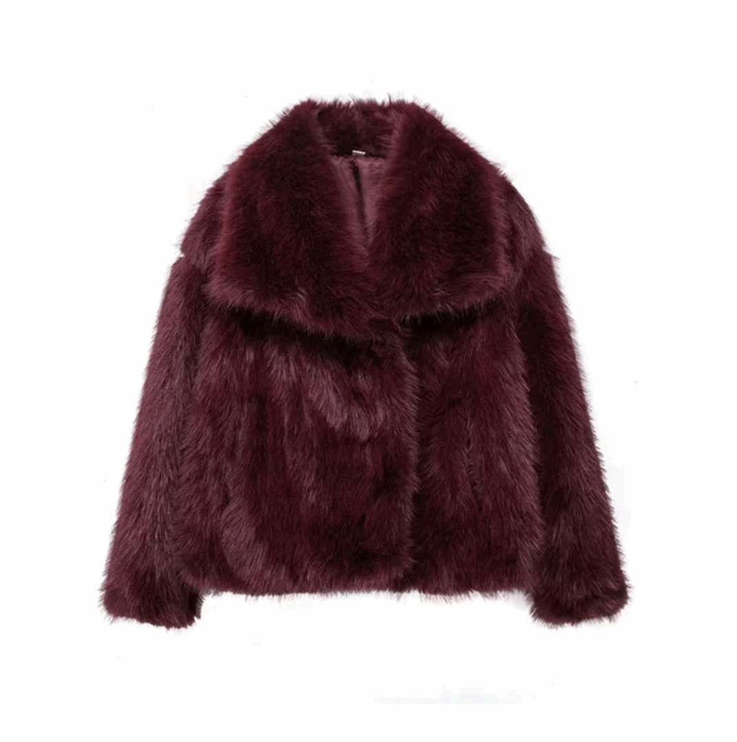  SHP Faux Fur Jacket , fashion coat , zara furry coat , Trend furry coat , woman furry coat for winter ,wine -red