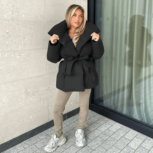 Puffer jacket, Tie waist, Fashion outerwear, Trendy design, Winter style, Cold weather fashion, Versatile layering piece, Stylish warmth, Chic winter wear, Urban fashion statement,