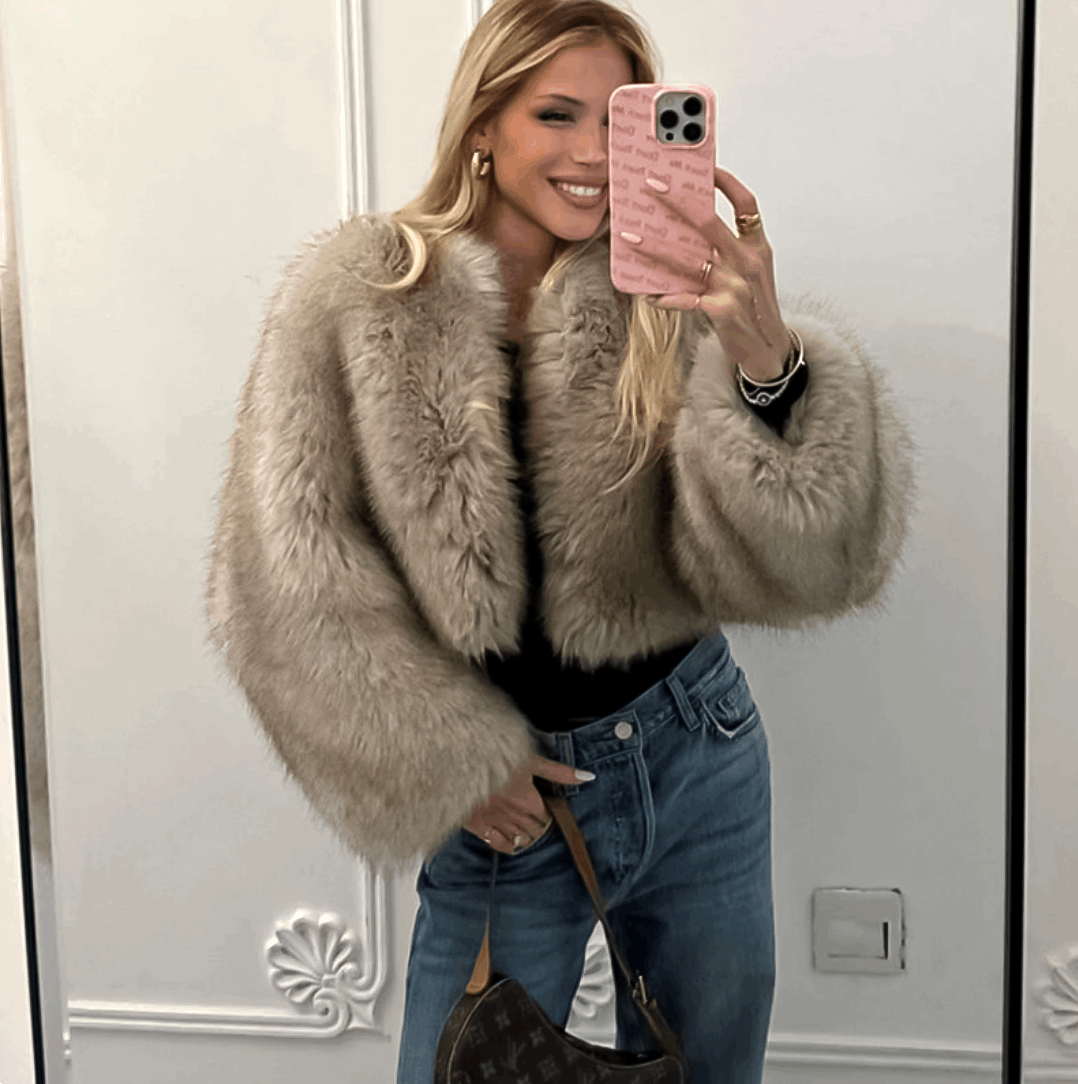 Faux fur jacket, V collar jacket, Iconic fashion, Street style, Trendy outerwear, Fashion statement, Urban chic, Faux fur trend, Contemporary fashion, Streetwear glamour,