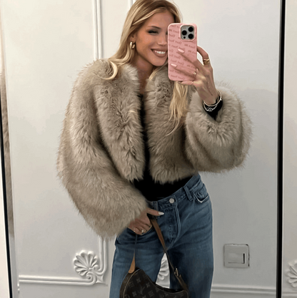 Faux fur jacket, V collar jacket, Iconic fashion, Street style, Trendy outerwear, Fashion statement, Urban chic, Faux fur trend, Contemporary fashion, Streetwear glamour,