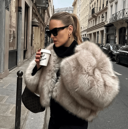 Faux fur jacket, V collar jacket, Iconic fashion, Street style, Trendy outerwear, Fashion statement, Urban chic, Faux fur trend, Contemporary fashion, Streetwear glamour,