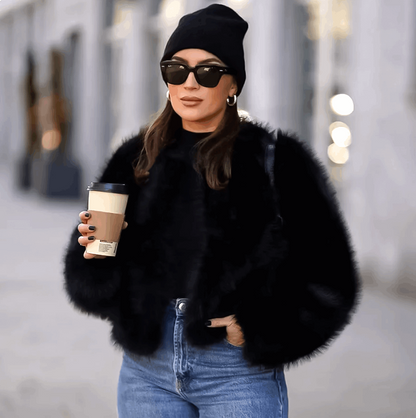 Faux fur jacket, V collar jacket, Iconic fashion, Street style, Trendy outerwear, Fashion statement, Urban chic, Faux fur trend, Contemporary fashion, Streetwear glamour,