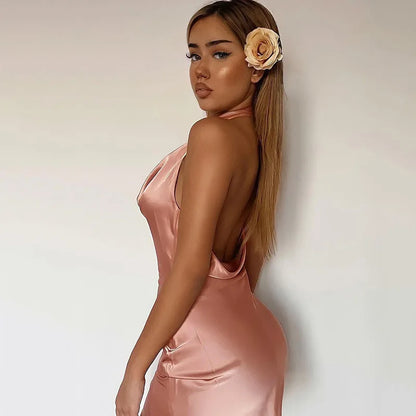 SHP Pink Satin Backless Halter Neck Party Dress