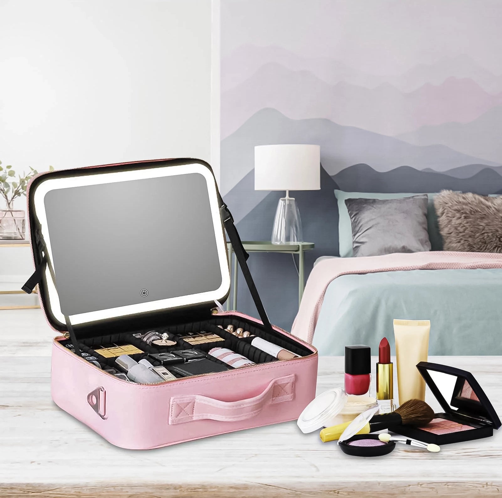  Travel Makeup Bag , Cosmetic Bag with LED Mirror for woman ,Pink