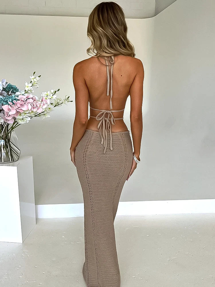 SHP Summer Khaki Sexy Maxi Dress Crochet