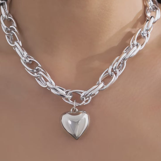 SHP Silver High Quality Punk Big Heart Pendant Necklace