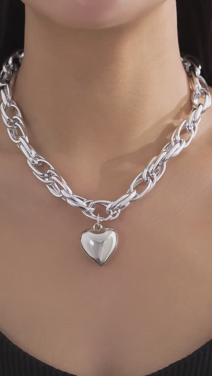 SHP Silver High Quality Punk Big Heart Pendant Necklace